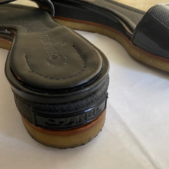 Chanel black canvas leather sandals mules heels slides 37-6.5 slip on in flats - Picture 10 of 10